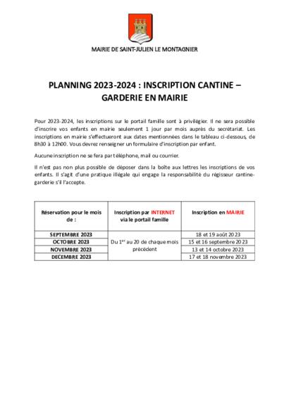 Inscription cantine et garderie périscolaire 2023-2024