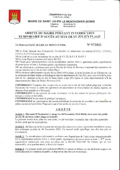 Arrêté du Maire portant interdiction d'accès au site de Saint-Julien Plage