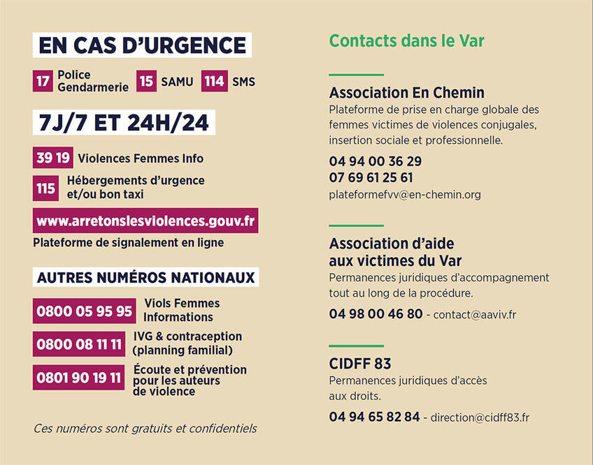 Numéros d'urgence - Violences faites aux femmes Numéros d'urgence - Violences faites aux femmes