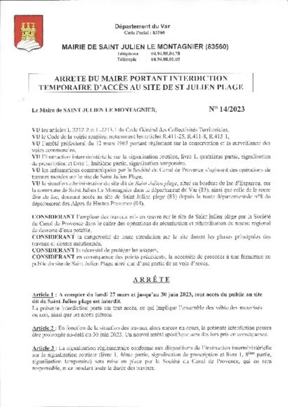 Arrêté portant interdiction temporaire d'accès à Saint-Julien plage