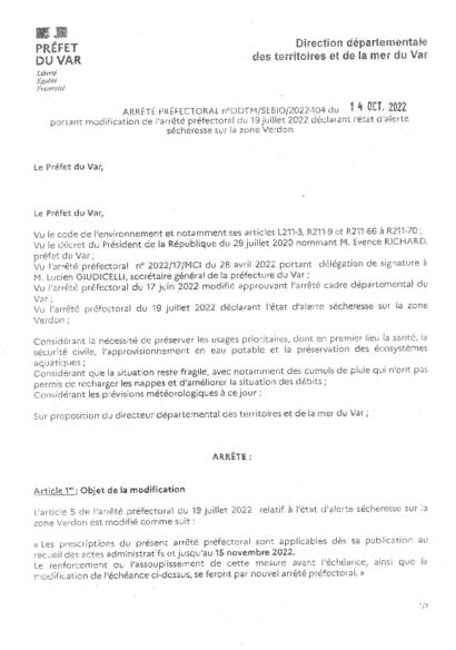 Modification de l'arrêté préfectoral du 19 juillet 2022 déclarant l'état d'alerte sécheresse sur la zone Verdon