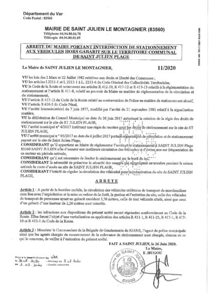 Arrêté du Maire portant interdiction de stationnement aux véhicules hors gabarit Arrêté du Maire portant interdiction de stationnement aux véhicules hors gabarit