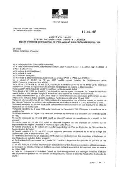 Arrêté du Préfet du Var - pollution de l'air Arrêté du Préfet du Var - pollution de l'air