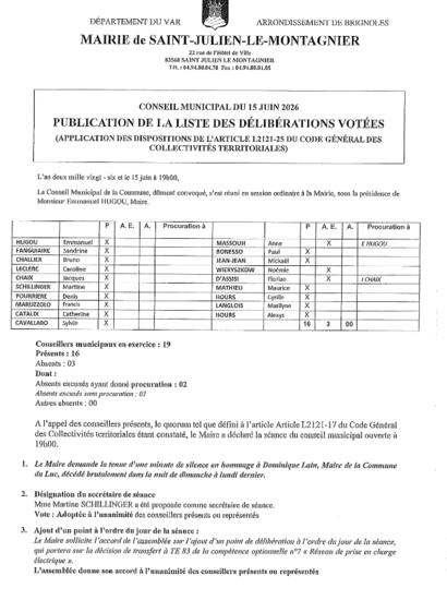 Liste des délibérations du Conseil Municipal du 15 juin 2026 Liste des délibérations du Conseil Municipal du 15 juin 2026