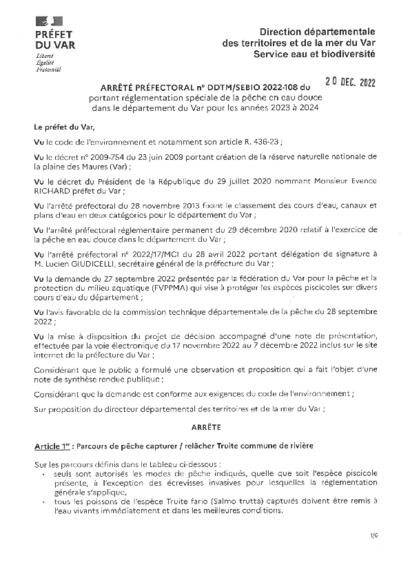 Arrêté préfectoral portant réglementation spéciale de la pêche en eau douce (2023-2024) dans le Var