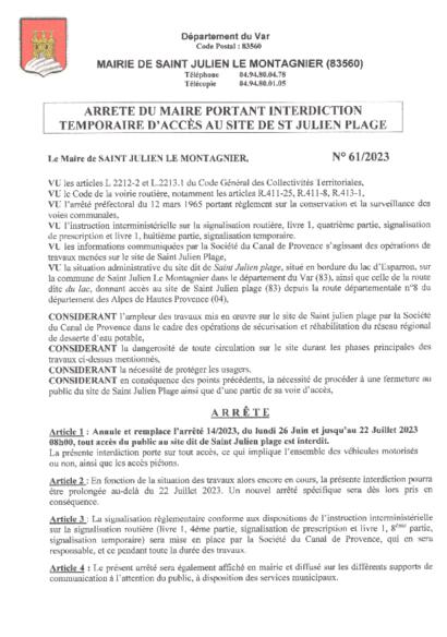 Arrêté du Maire portant interdiction d'accès du public pour raisons de sécurité au site de Saint-Julien Plage