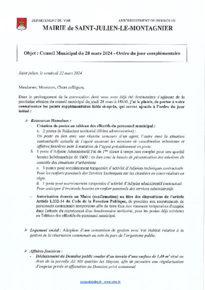 Conseil Municipal du 28/03/2024 - Ordre du jour complémentaire