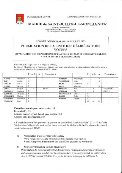 Publication de la liste des délibérations votées - 10 juillet 2023