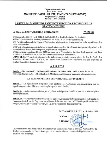 Arrêté du Maire portant interdiction provisoire de stationnement Arrêté du Maire portant interdiction provisoire de stationnement